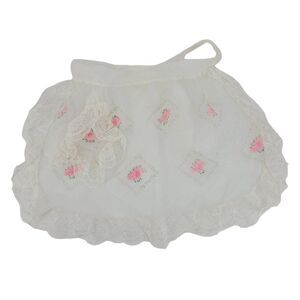 Vintage apron white‎ swiss dot chiffon lace trim ruffle pink floral tie waist